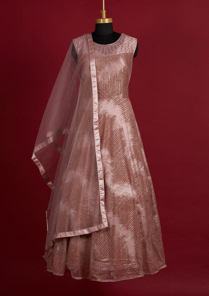 Onion Pink Glitter Net Designer Gown - Koskii