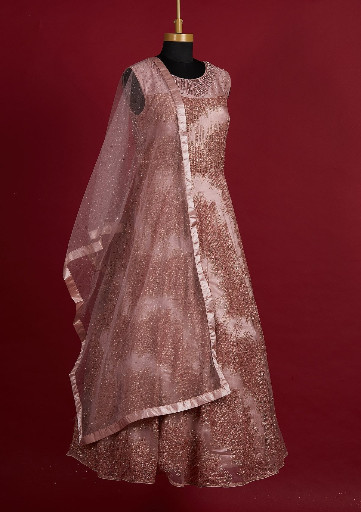 Onion Pink Glitter Net Designer Gown - Koskii