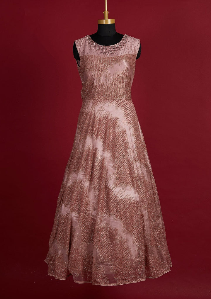 Onion Pink Glitter Net Designer Gown - Koskii