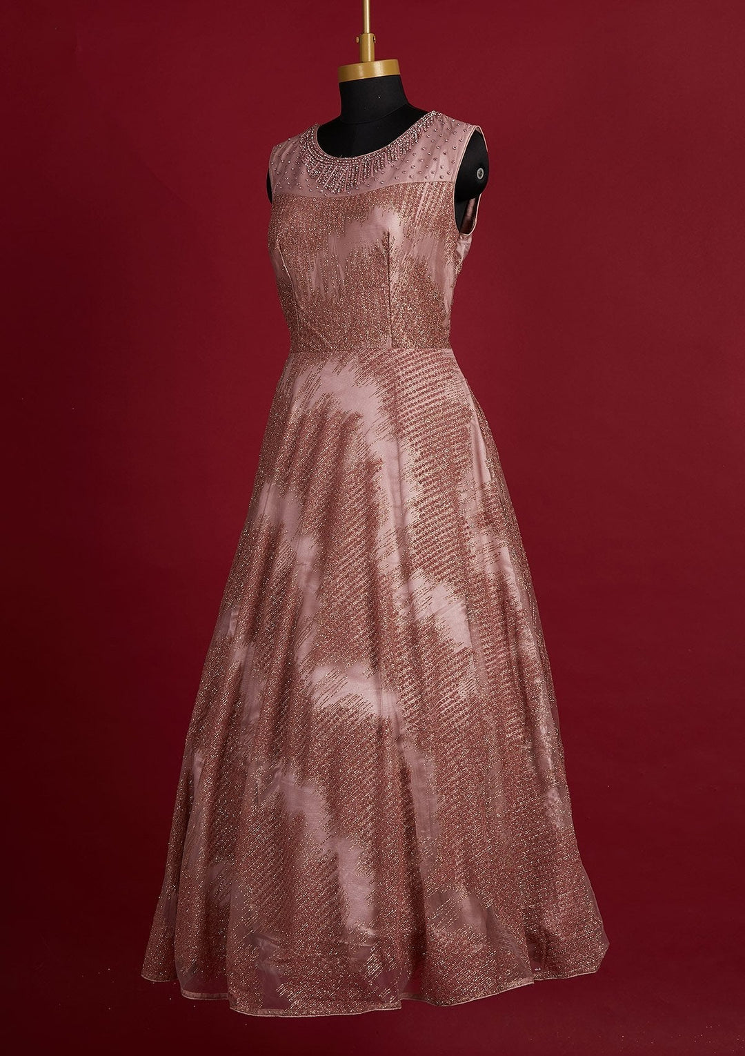 Onion Pink Glitter Net Designer Gown - Koskii