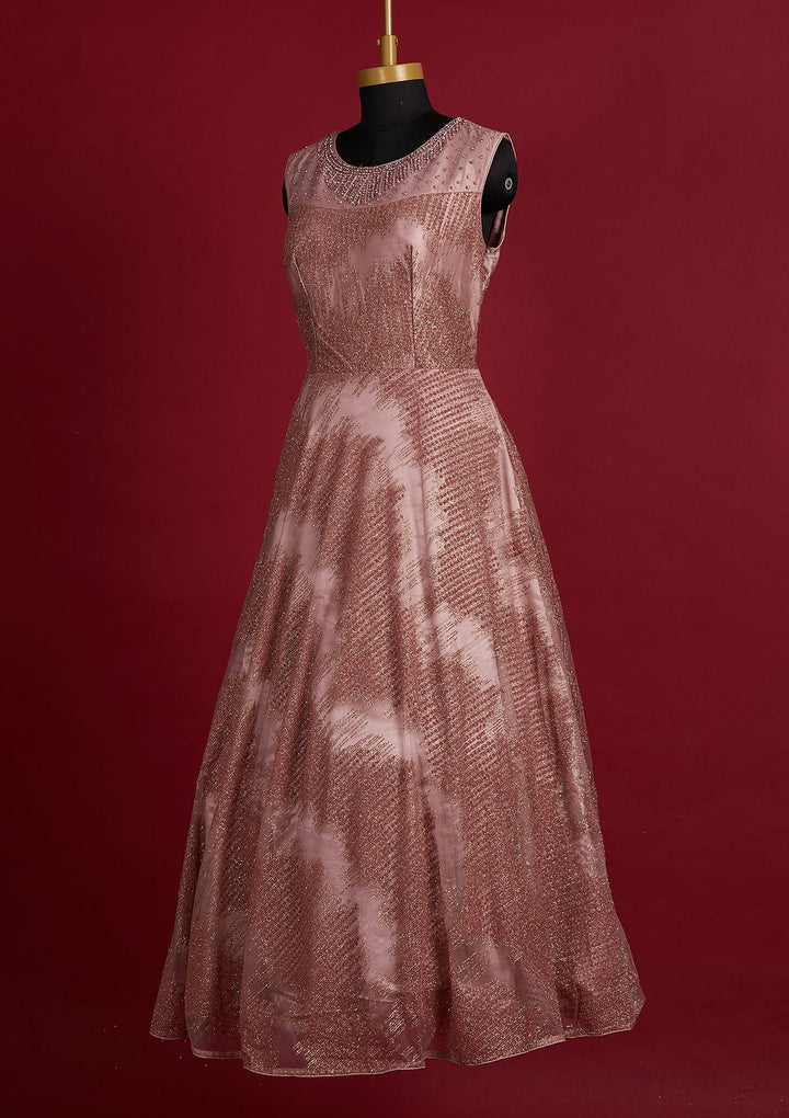 Onion Pink Glitter Net Designer Gown - Koskii