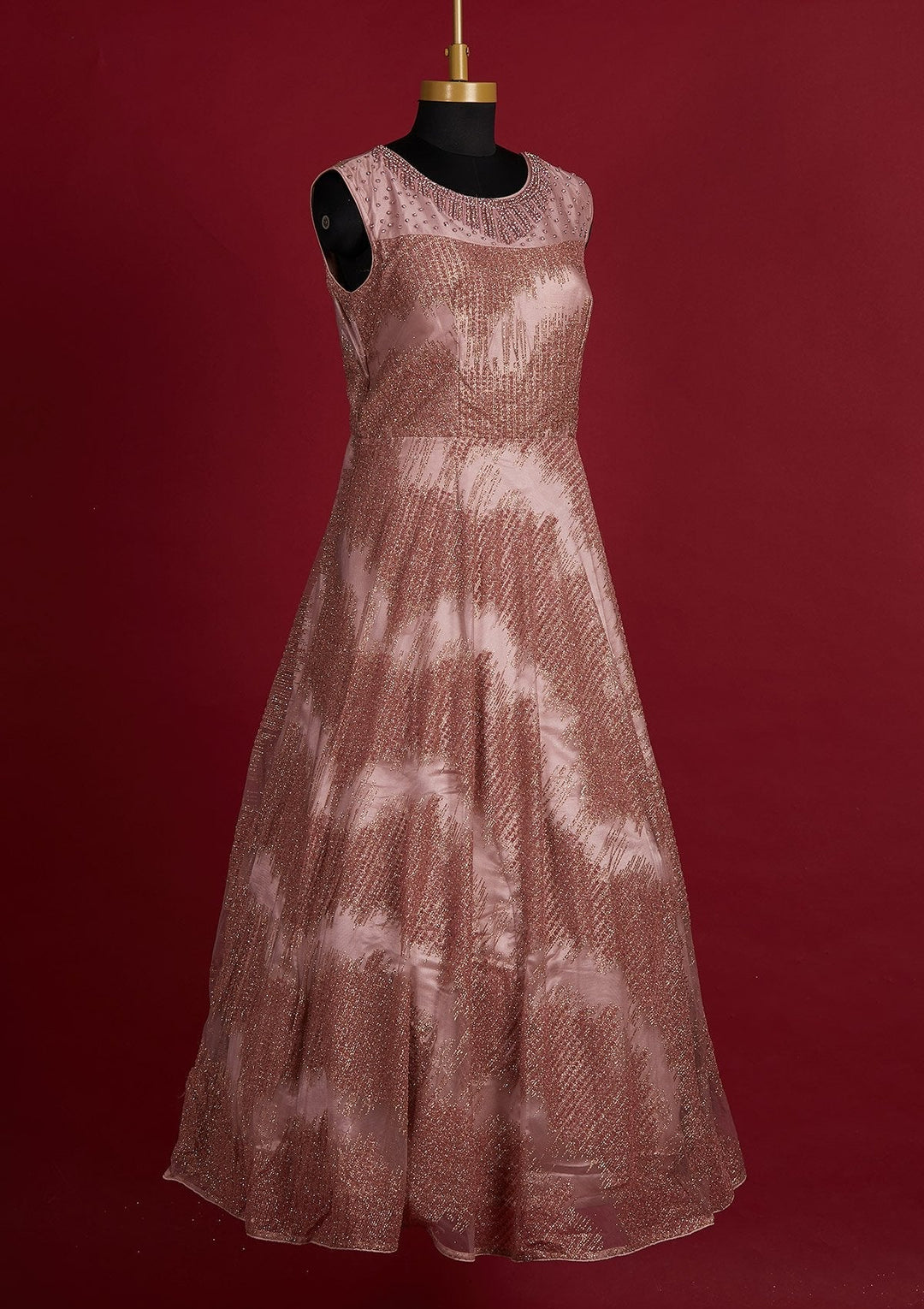 Onion Pink Glitter Net Designer Gown - Koskii