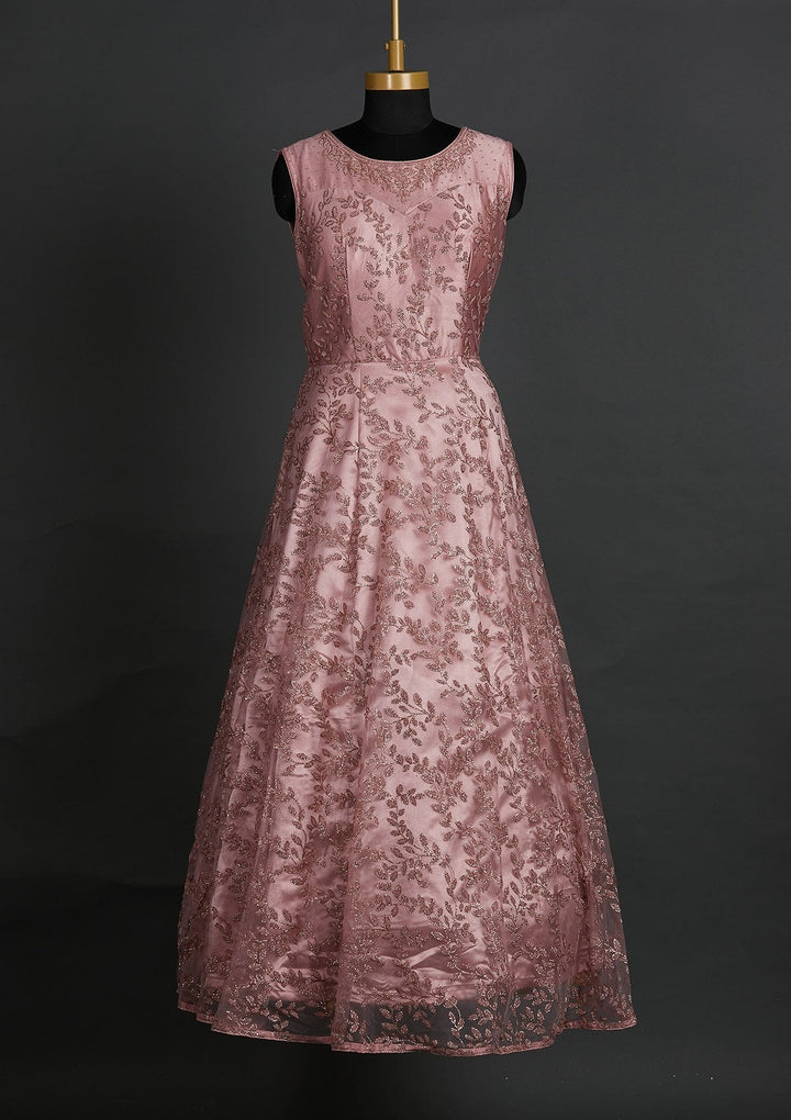 Onion Pink Glitter Net Designer Gown - Koskii