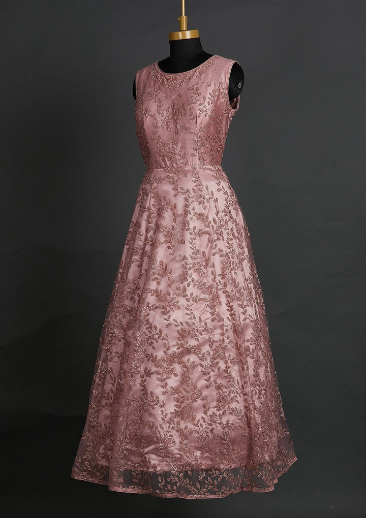 Onion Pink Glitter Net Designer Gown - Koskii