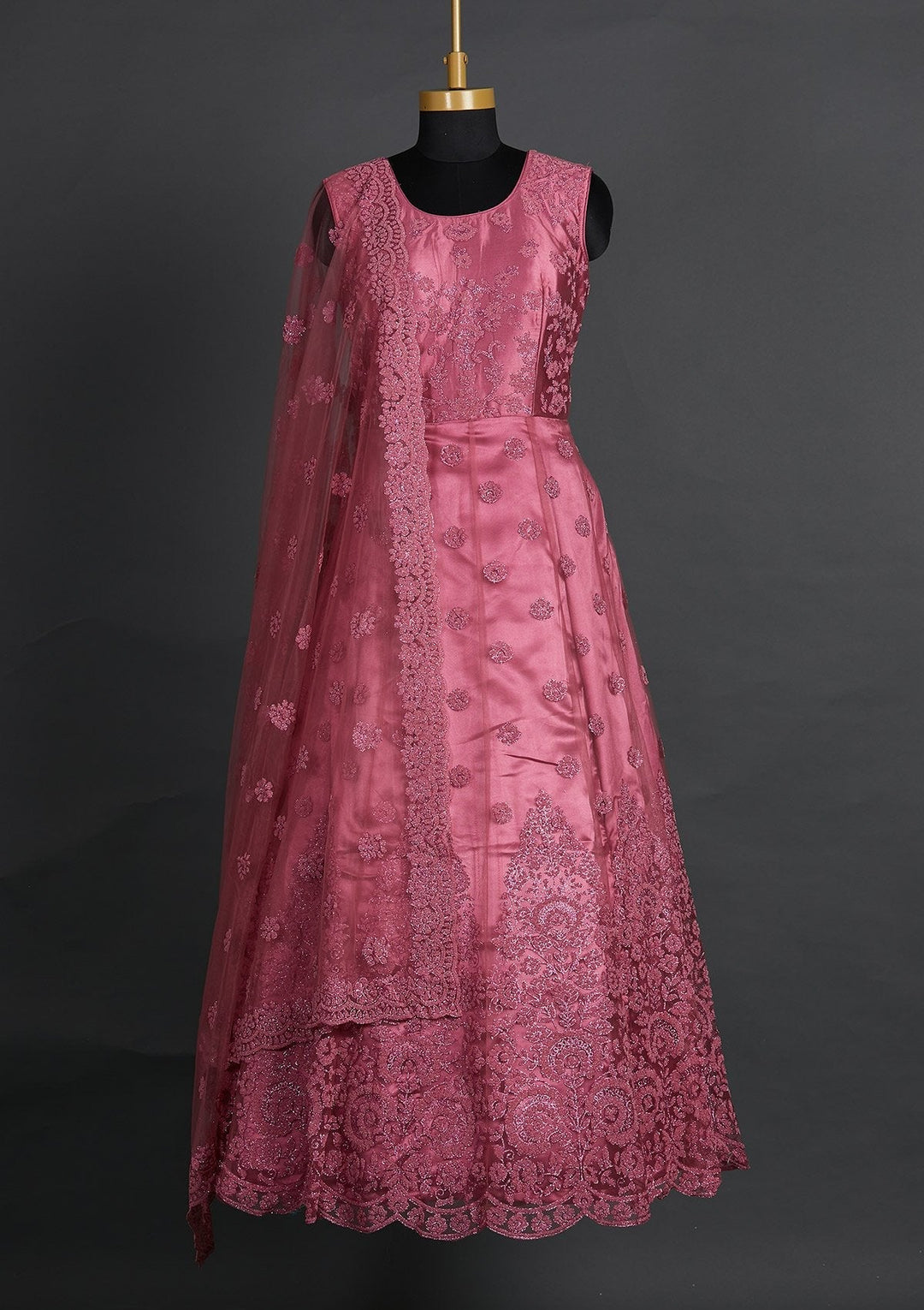 Onion Pink Glitter Net Designer Gown - Koskii