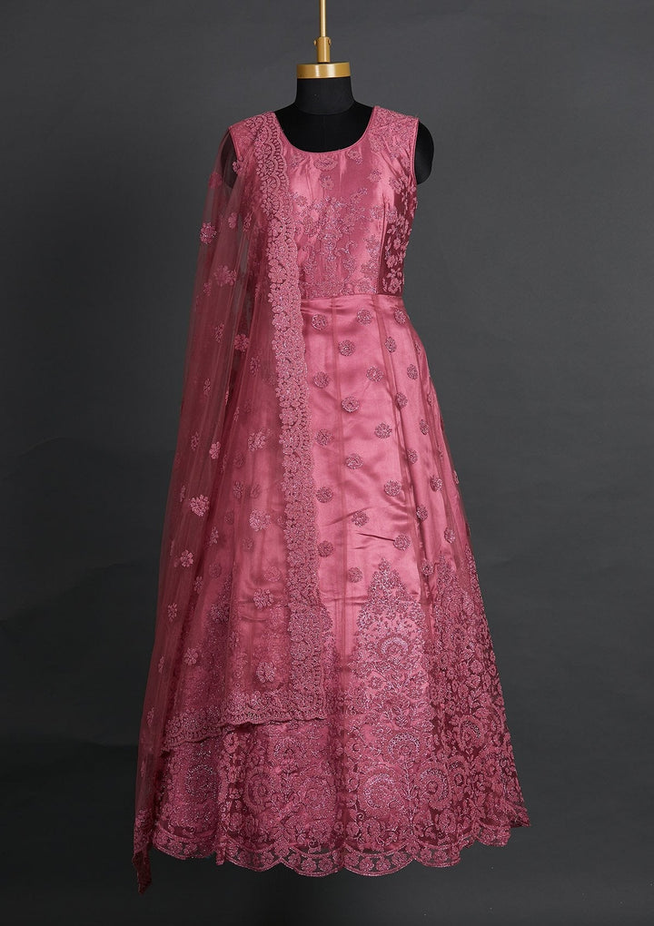 Onion Pink Glitter Net Designer Gown - Koskii