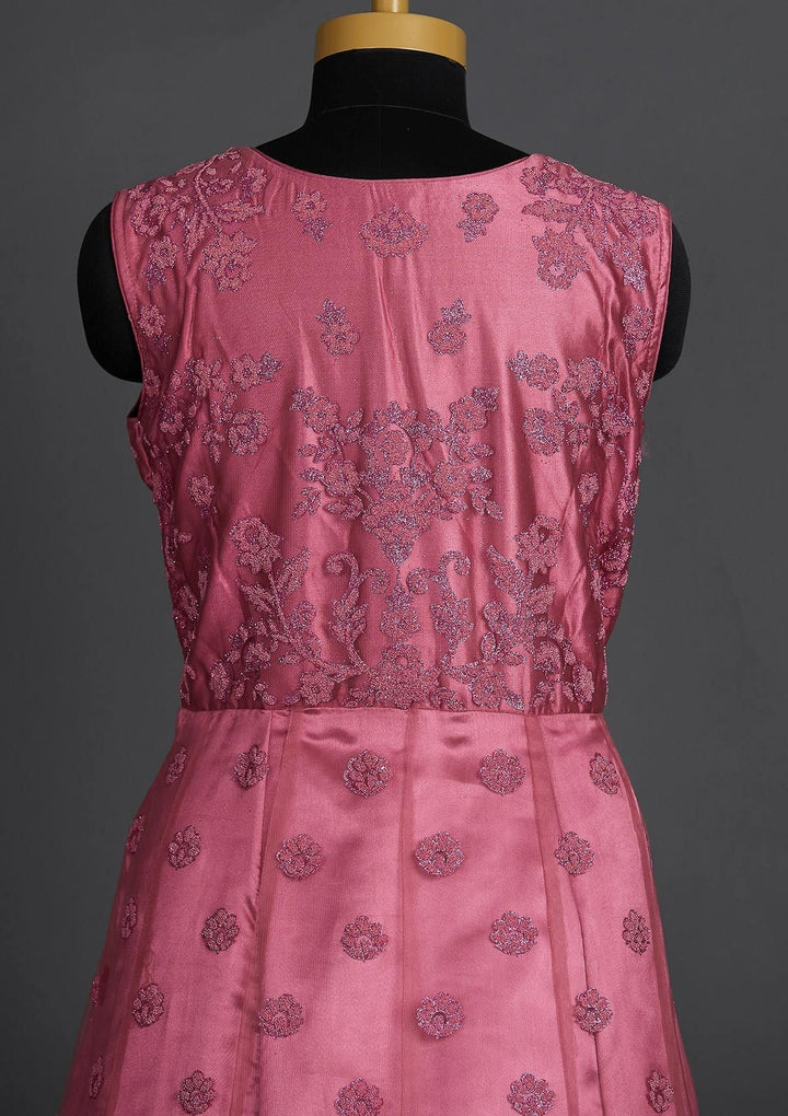 Onion Pink Glitter Net Designer Gown - Koskii
