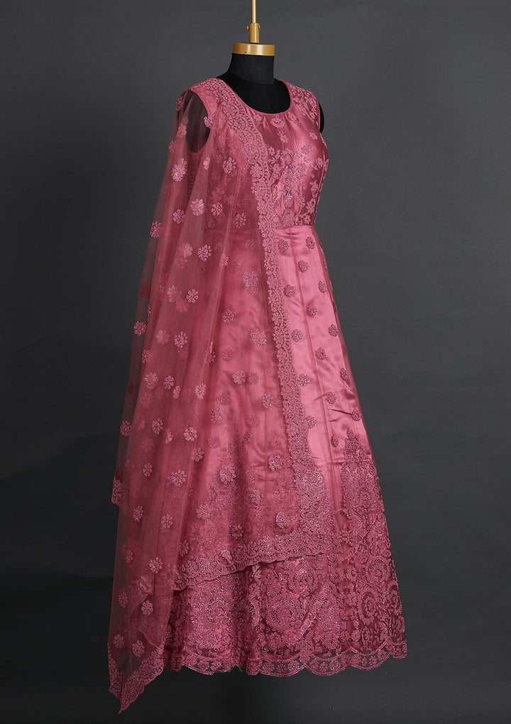 Onion Pink Glitter Net Designer Gown - Koskii
