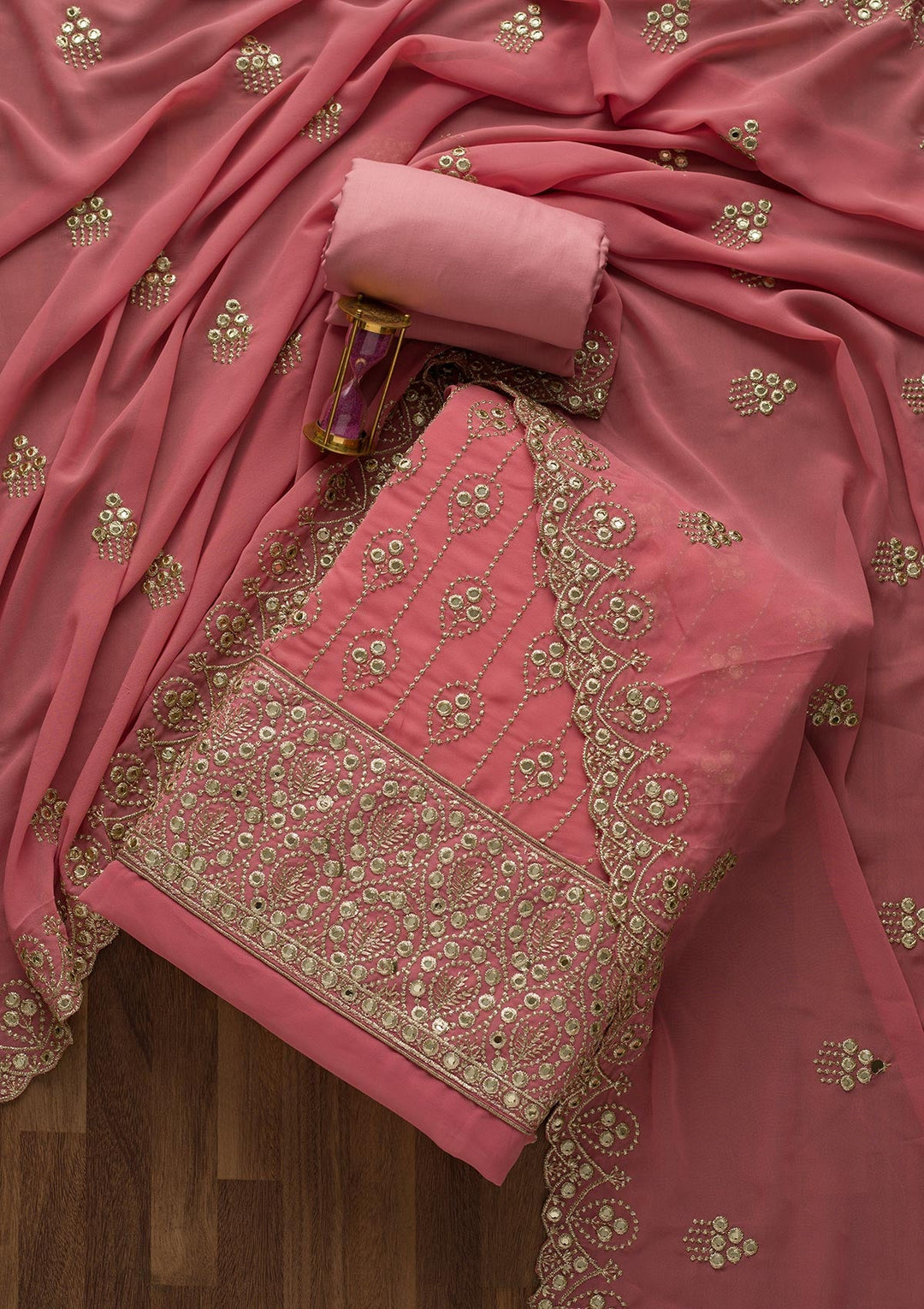Onion Pink Gotapatti Georgette Unstitched Salwar Suit-Koskii