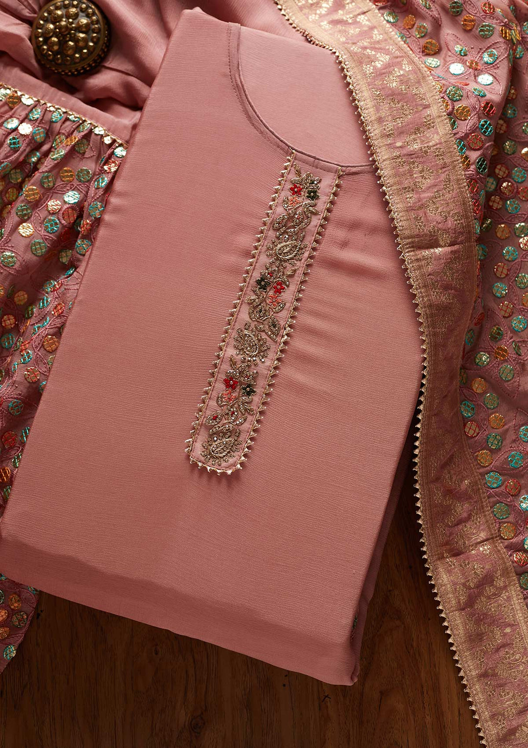 Onion Pink Gotapatti Semi Crepe Designer Semi-Stitched Salwar Suit - koskii