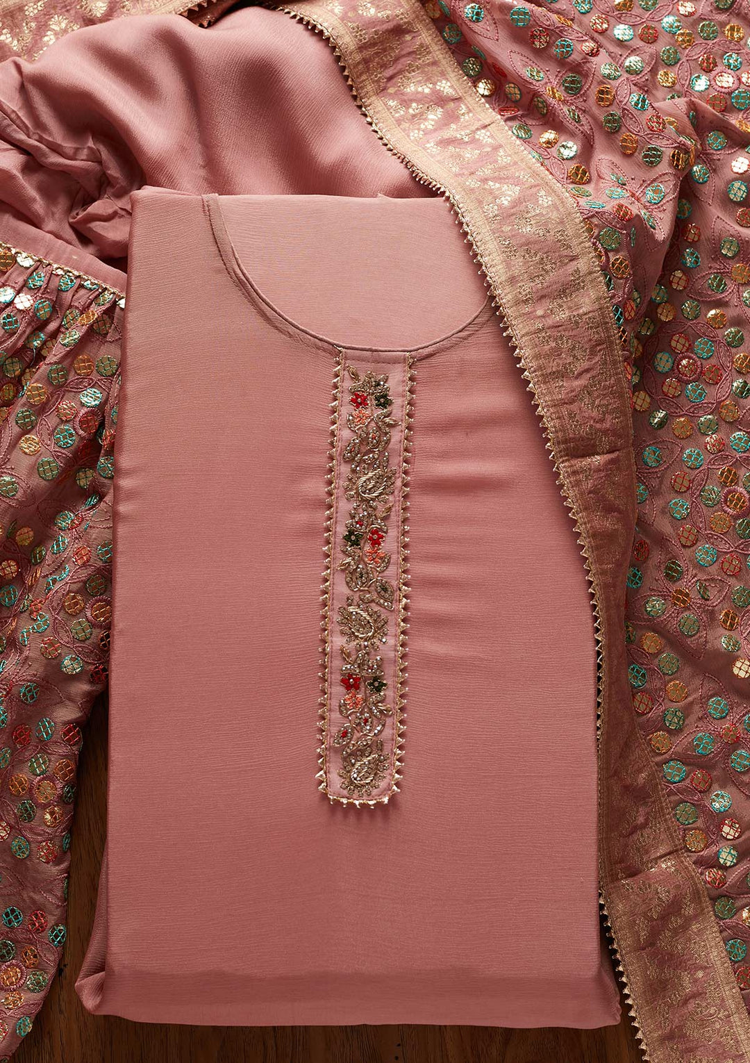 Onion Pink Gotapatti Semi Crepe Designer Semi-Stitched Salwar Suit - koskii
