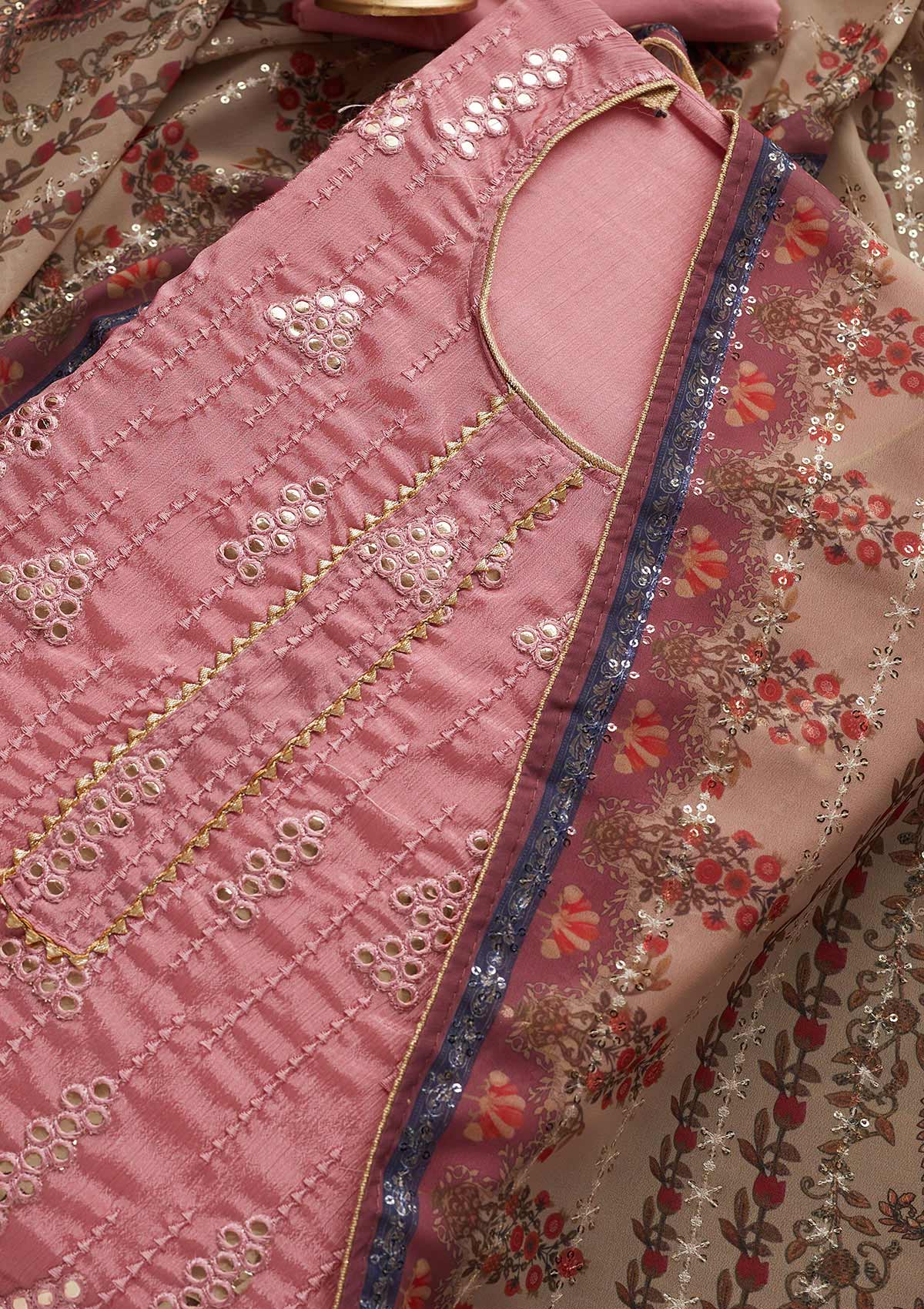 Onion Pink Gotapatti Semi Crepe Designer Unstitched Salwar Suit - Koskii