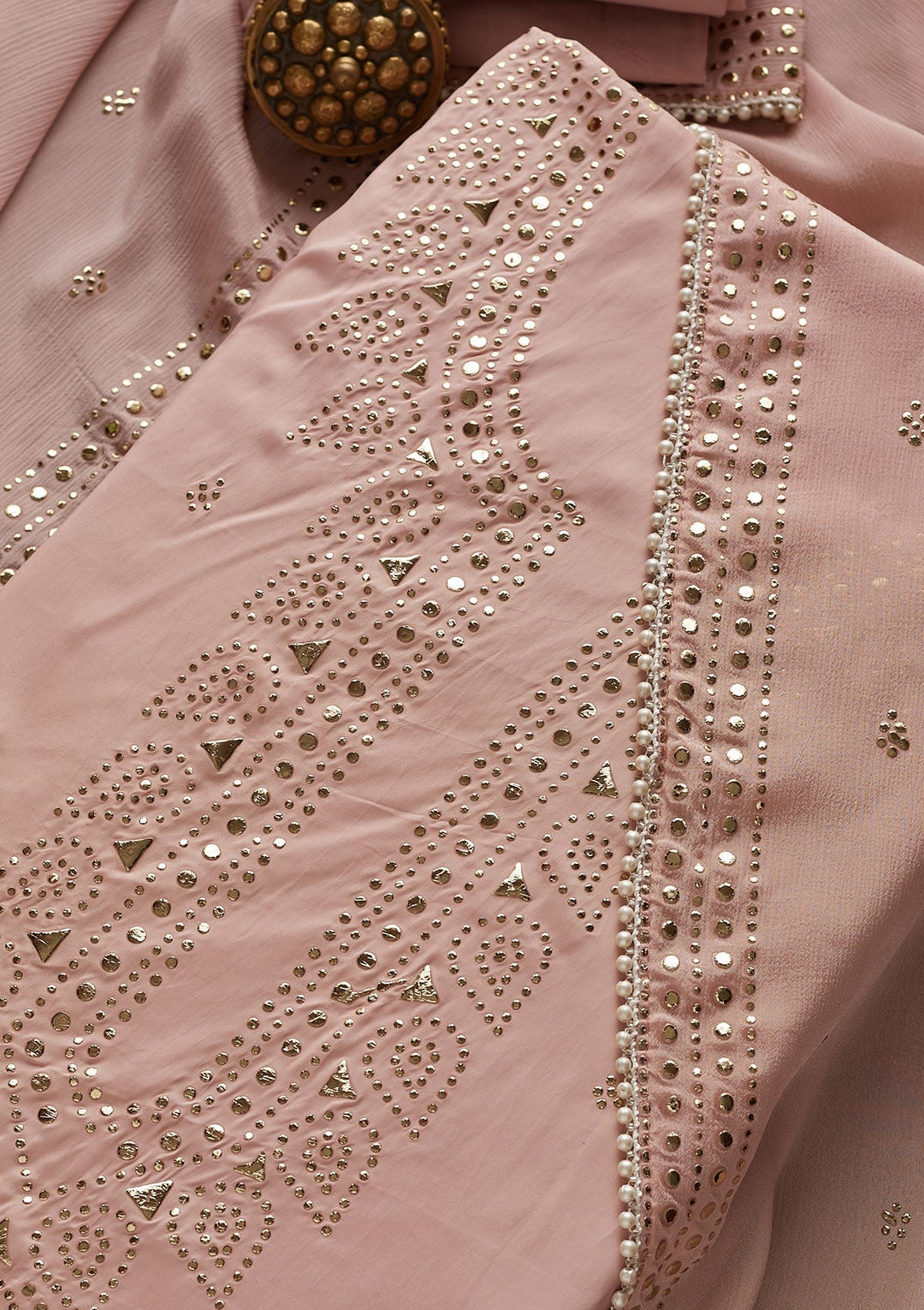 Onion Pink Gotapatti Semi Crepe Designer Unstitched Salwar Suit - Koskii