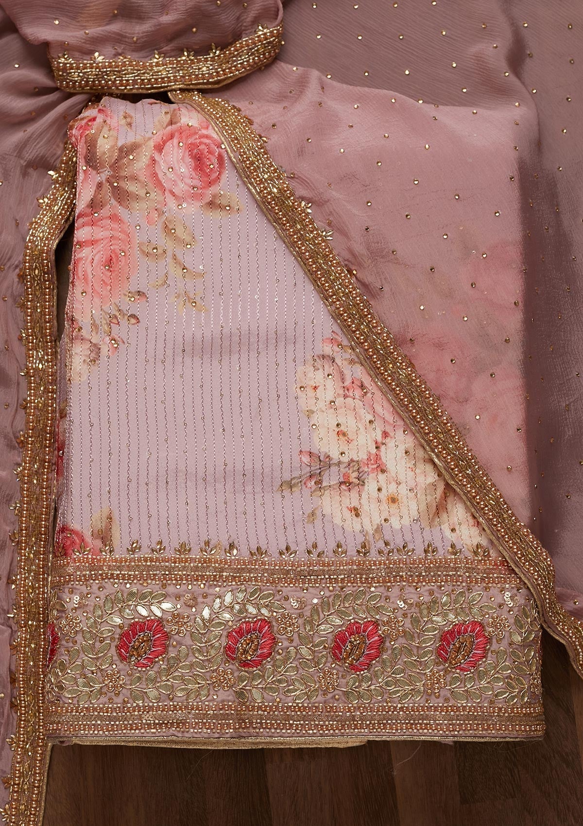 Onion Pink Gotapatti Semi Crepe Unstitched Salwar Suit - Koskii