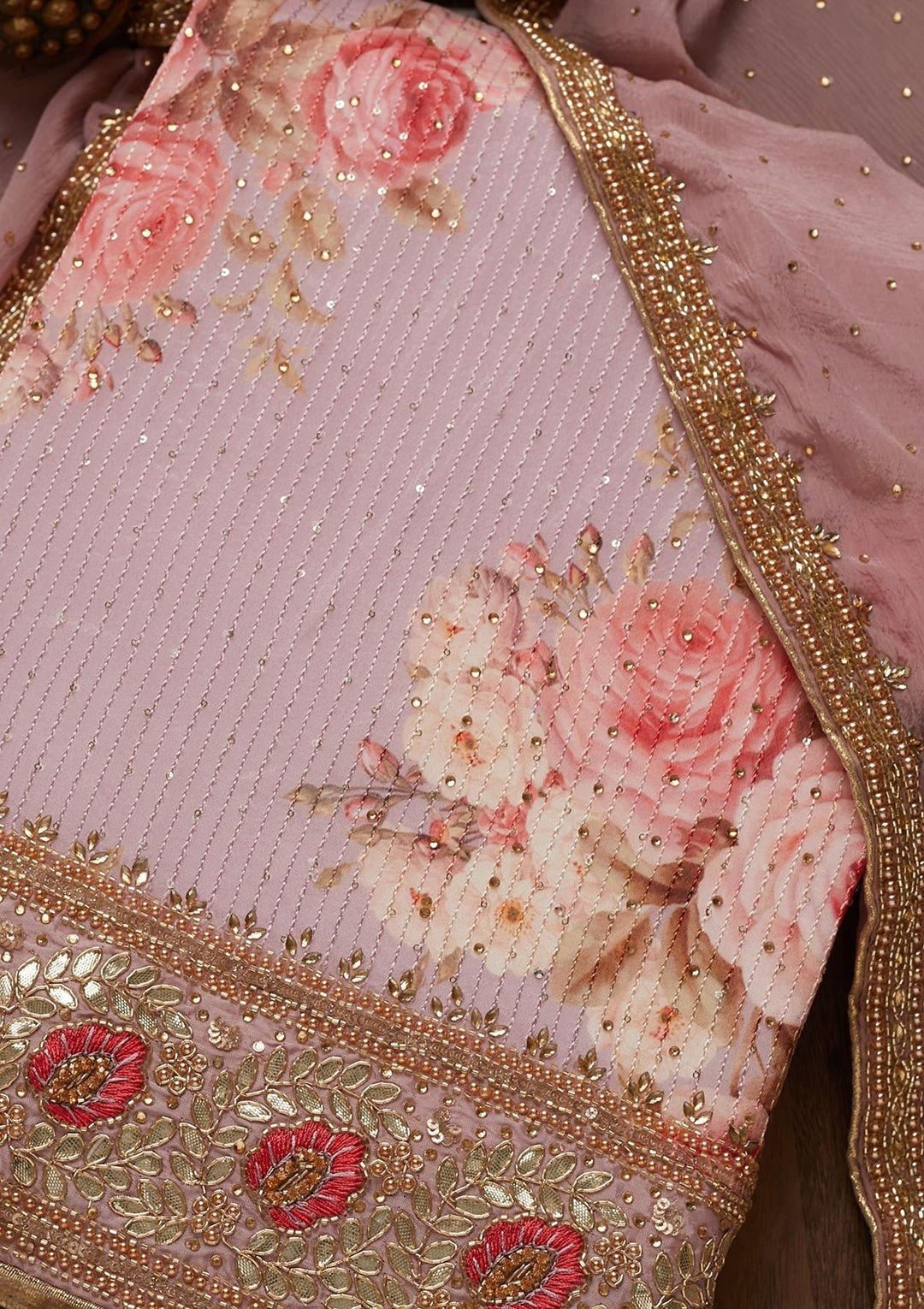 Onion Pink Gotapatti Semi Crepe Unstitched Salwar Suit - Koskii
