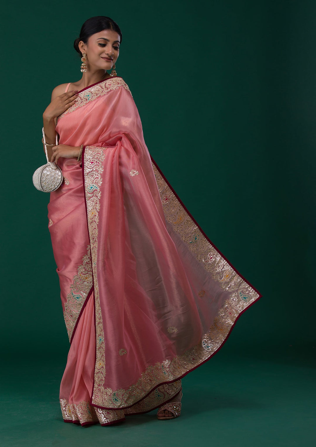 Onion Pink Gotapatti Shimmer Saree-Koskii