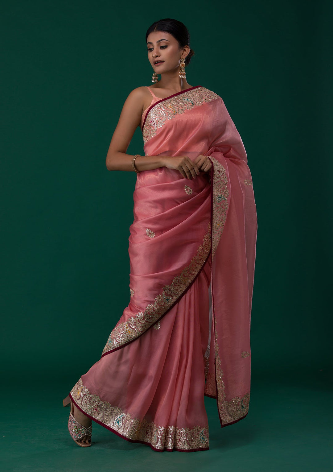Onion Pink Gotapatti Shimmer Saree-Koskii