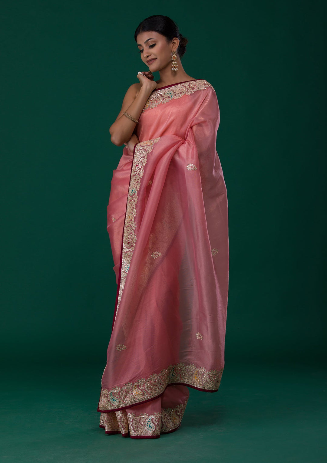 Onion Pink Gotapatti Shimmer Saree-Koskii