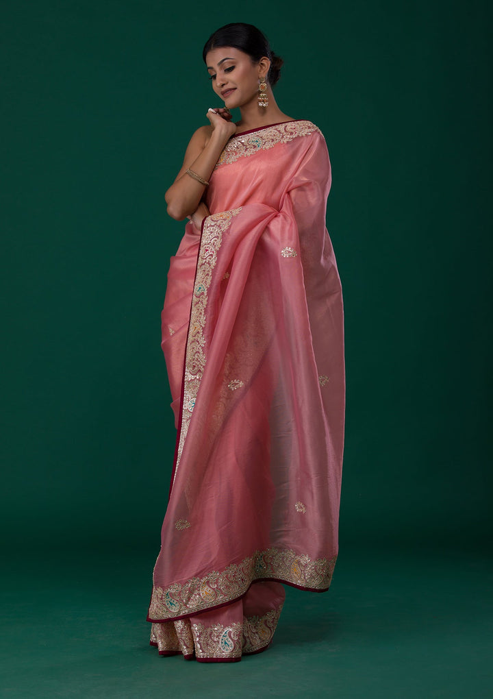 Onion Pink Gotapatti Shimmer Saree-Koskii