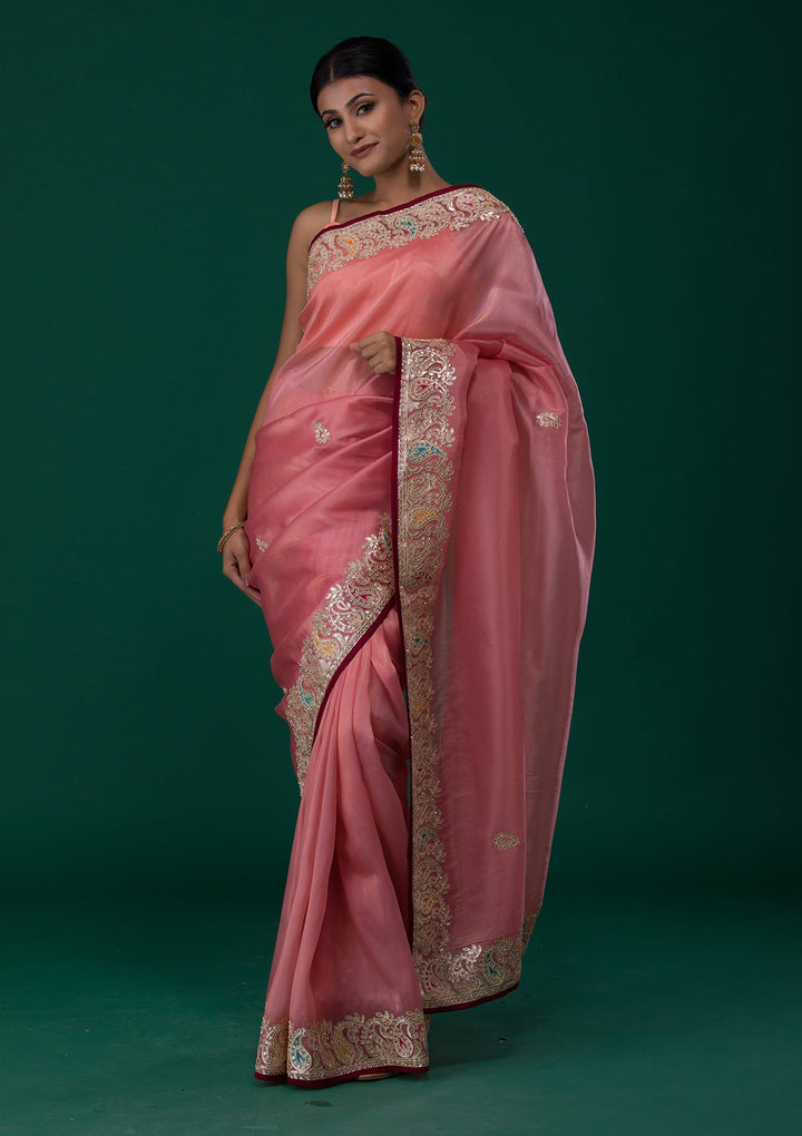 Onion Pink Gotapatti Shimmer Saree-Koskii