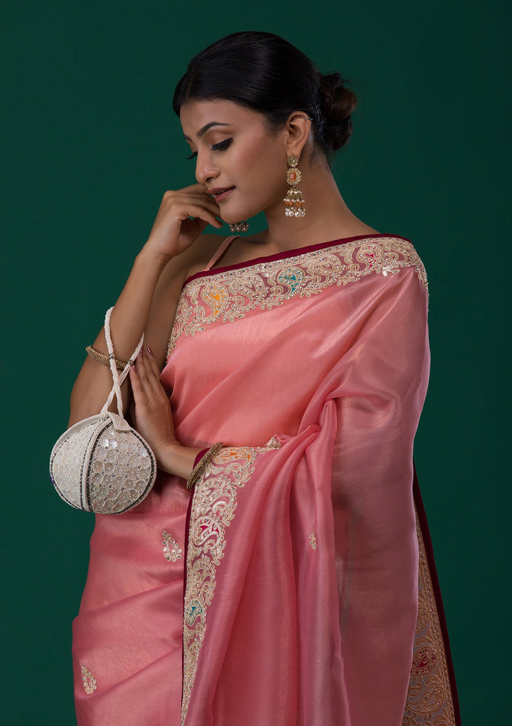 Onion Pink Gotapatti Shimmer Saree-Koskii