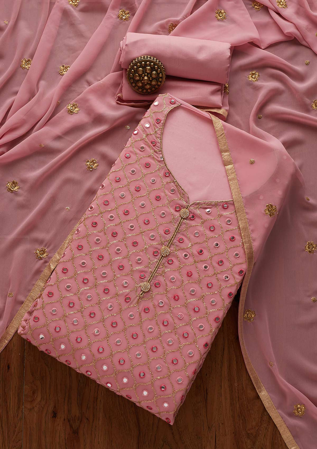 Onion Pink Mirrorwork Georgette Semi-Stitched Salwar Suit - Koskii