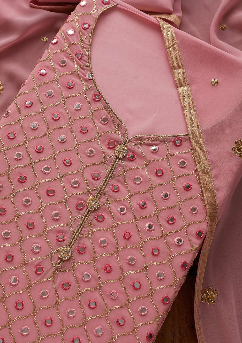 Onion Pink Mirrorwork Georgette Semi-Stitched Salwar Suit - Koskii