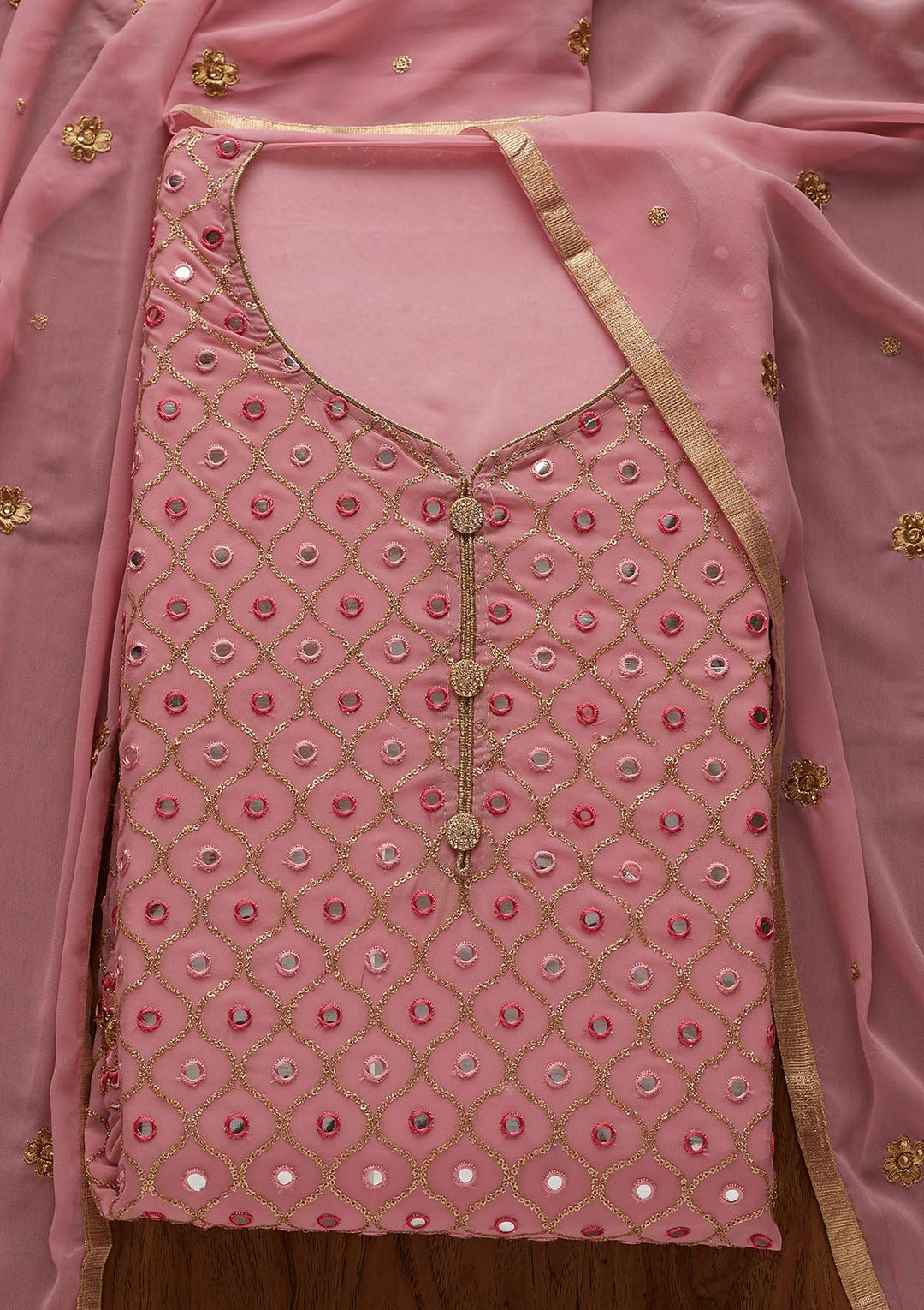 Onion Pink Mirrorwork Georgette Semi-Stitched Salwar Suit - Koskii