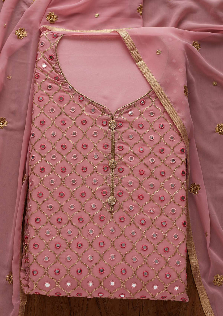 Onion Pink Mirrorwork Georgette Semi-Stitched Salwar Suit - Koskii