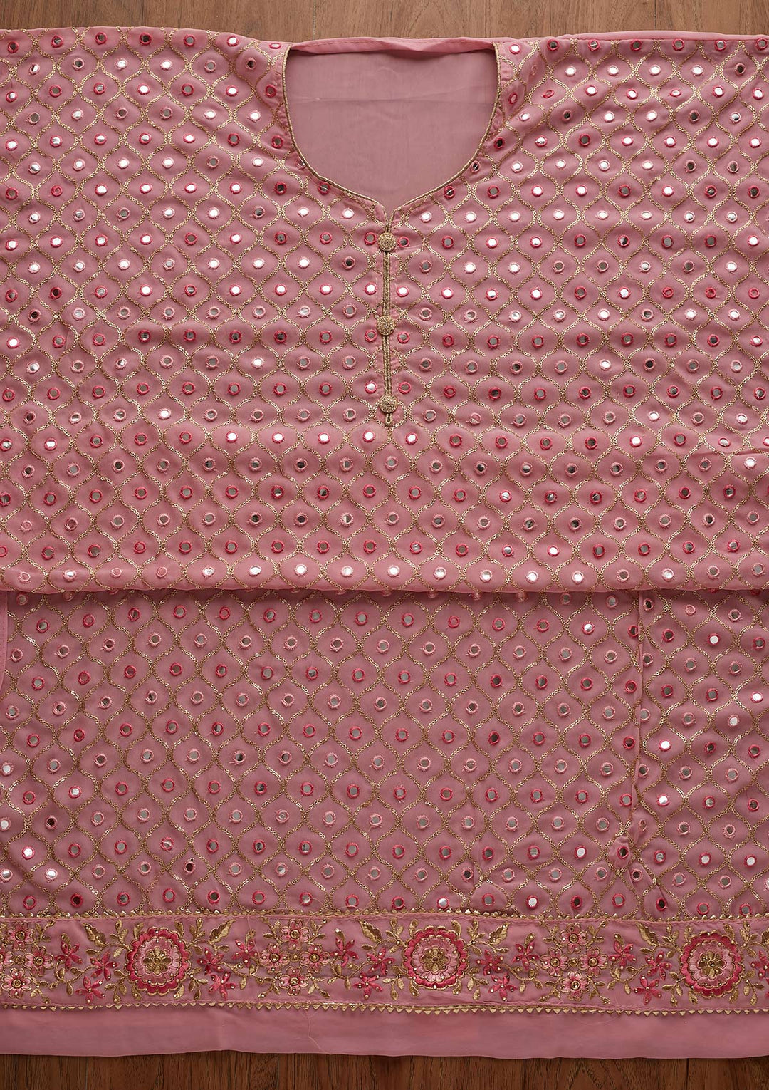 Onion Pink Mirrorwork Georgette Semi-Stitched Salwar Suit - Koskii