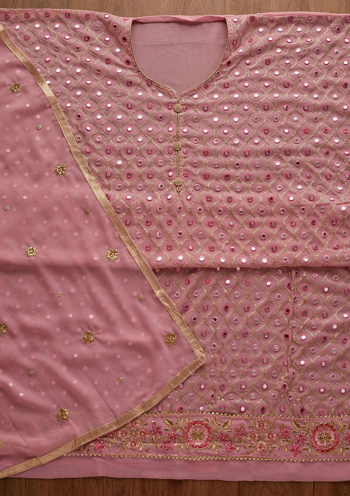 Onion Pink Mirrorwork Georgette Semi-Stitched Salwar Suit - Koskii