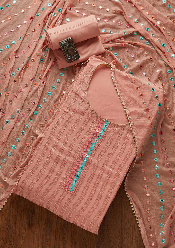 Onion Pink Mirrorwork Georgette Designer Unstitched Salwar Suit - koskii