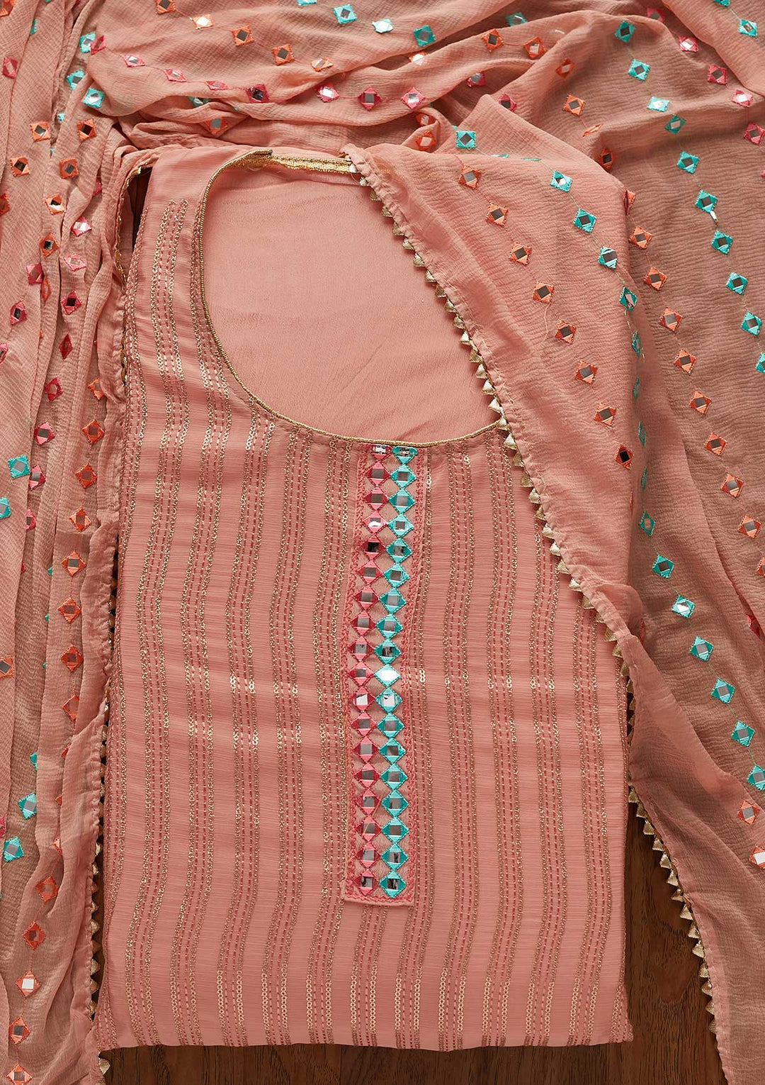 Onion Pink Mirrorwork Georgette Designer Unstitched Salwar Suit - koskii