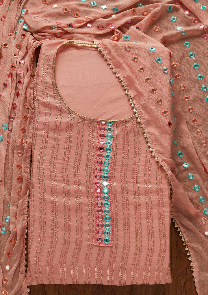 Onion Pink Mirrorwork Georgette Designer Unstitched Salwar Suit - koskii