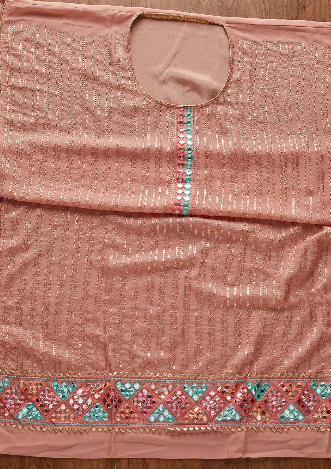 Onion Pink Mirrorwork Georgette Designer Unstitched Salwar Suit - koskii