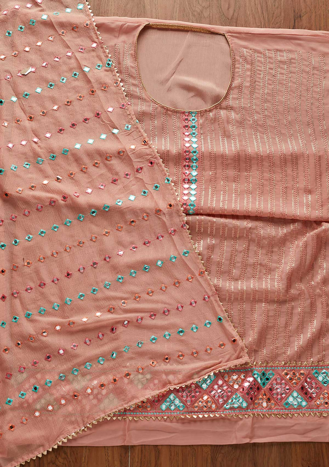 Onion Pink Mirrorwork Georgette Designer Unstitched Salwar Suit - koskii