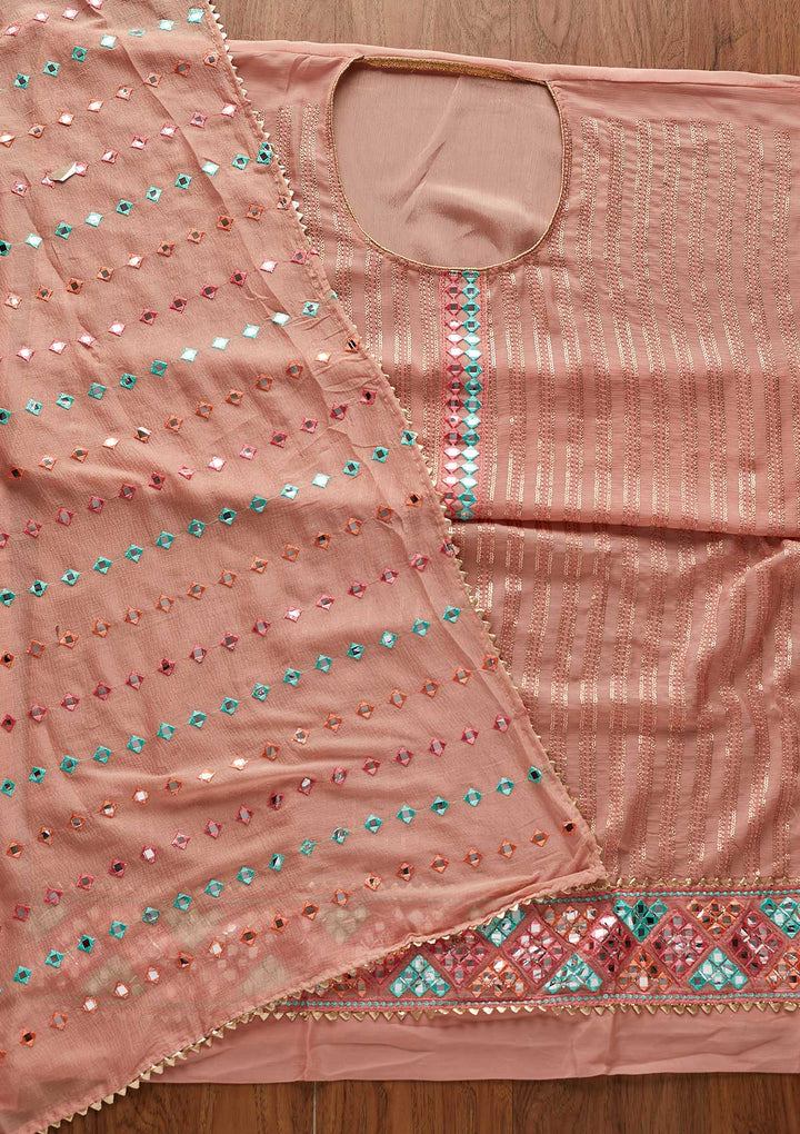 Onion Pink Mirrorwork Georgette Designer Unstitched Salwar Suit - koskii