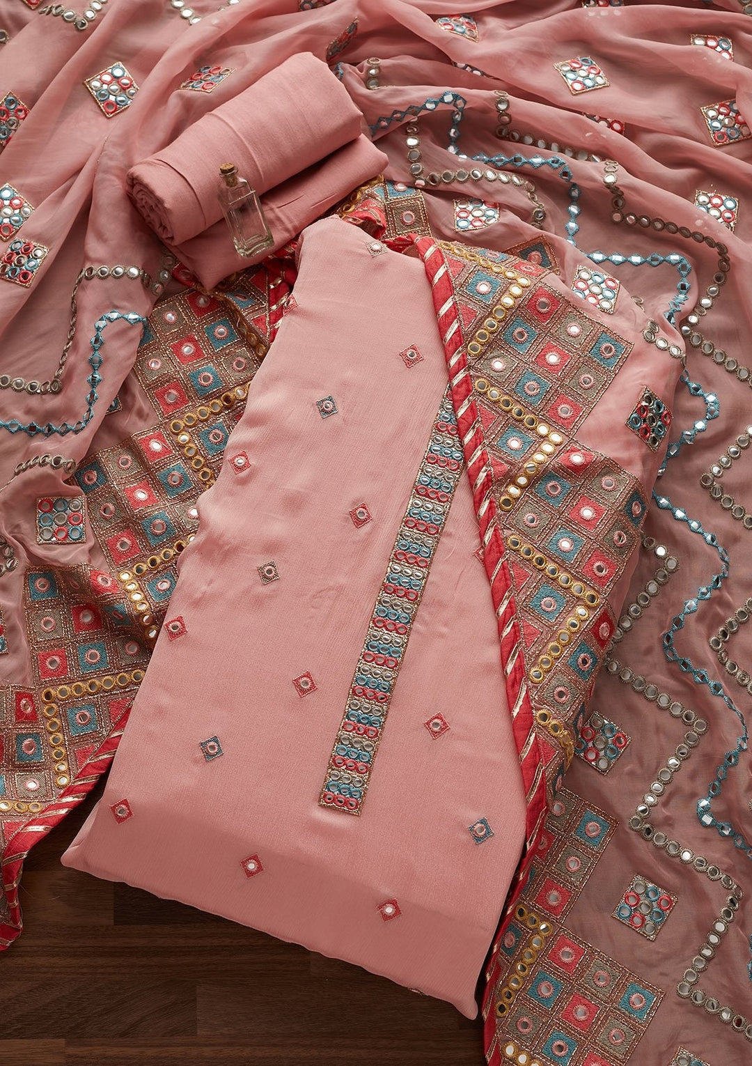 Onion Pink Mirrorwork Georgette Designer Unstitched Salwar Suit - Koskii