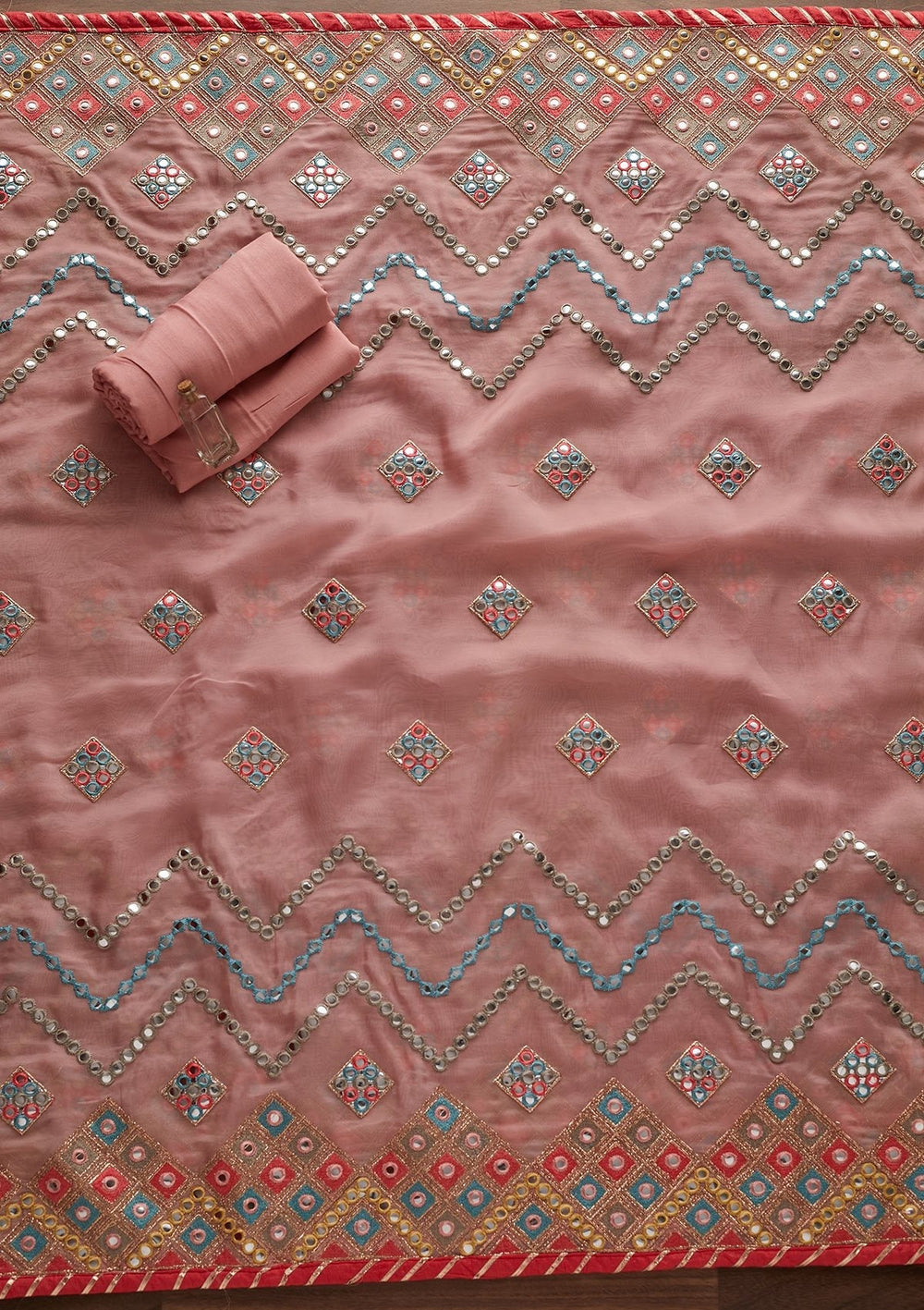Onion Pink Mirrorwork Georgette Designer Unstitched Salwar Suit - Koskii