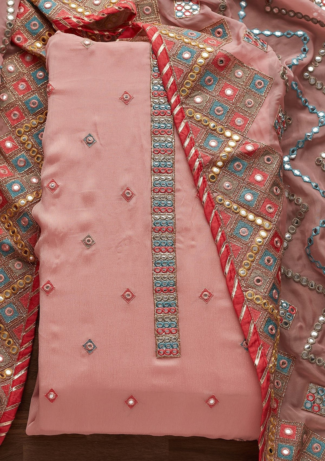 Onion Pink Mirrorwork Georgette Designer Unstitched Salwar Suit - Koskii