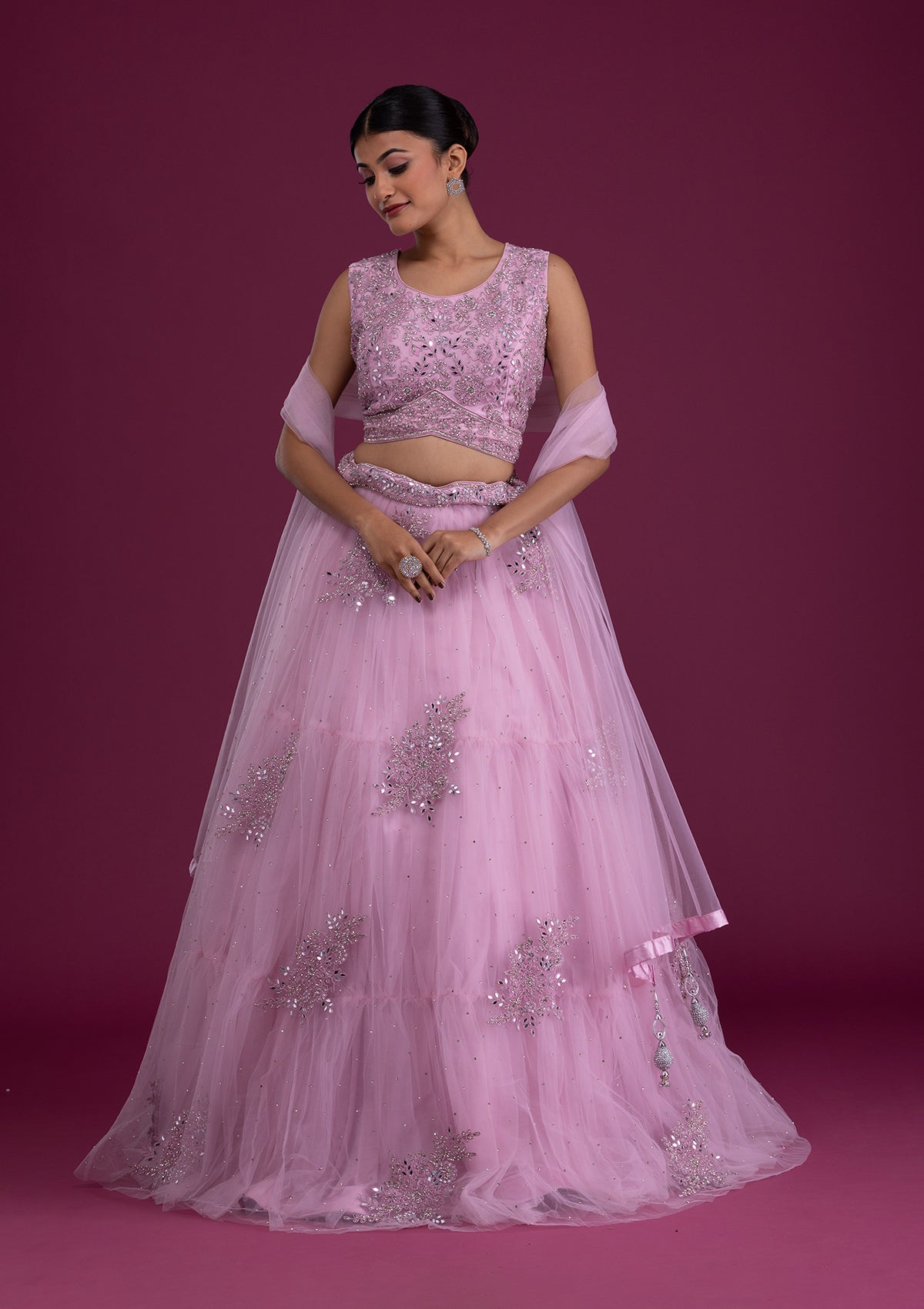 Onion Pink Mirrorwork Net Readymade Lehenga-Koskii