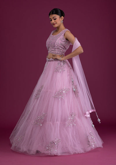 Onion Pink Mirrorwork Net Readymade Lehenga-Koskii