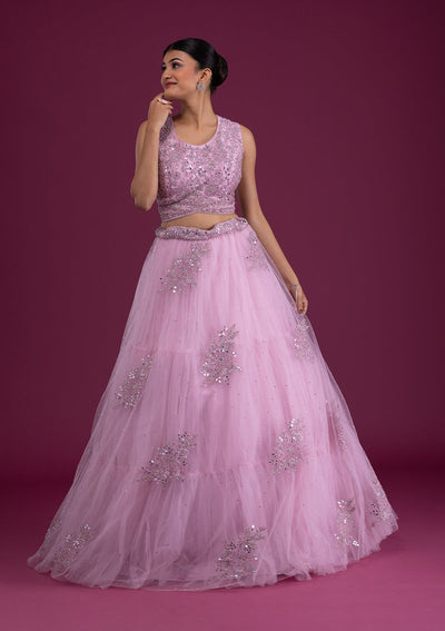 Onion Pink Mirrorwork Net Readymade Lehenga-Koskii