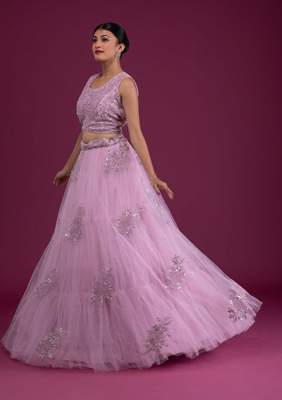 Onion Pink Mirrorwork Net Readymade Lehenga-Koskii