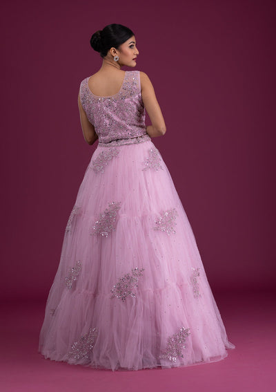 Onion Pink Mirrorwork Net Readymade Lehenga-Koskii