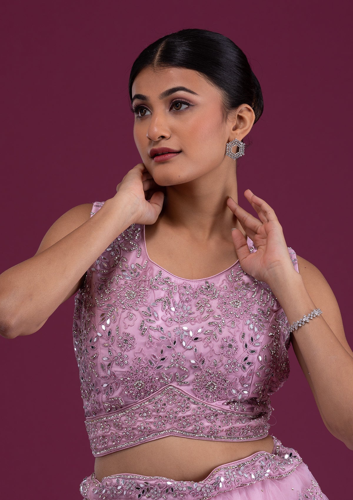 Onion Pink Mirrorwork Net Readymade Lehenga-Koskii
