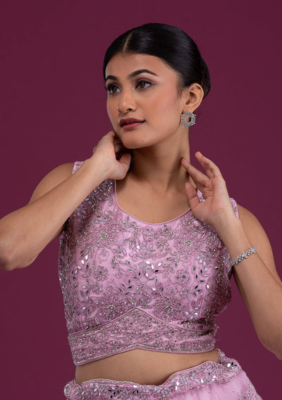Onion Pink Mirrorwork Net Readymade Lehenga-Koskii