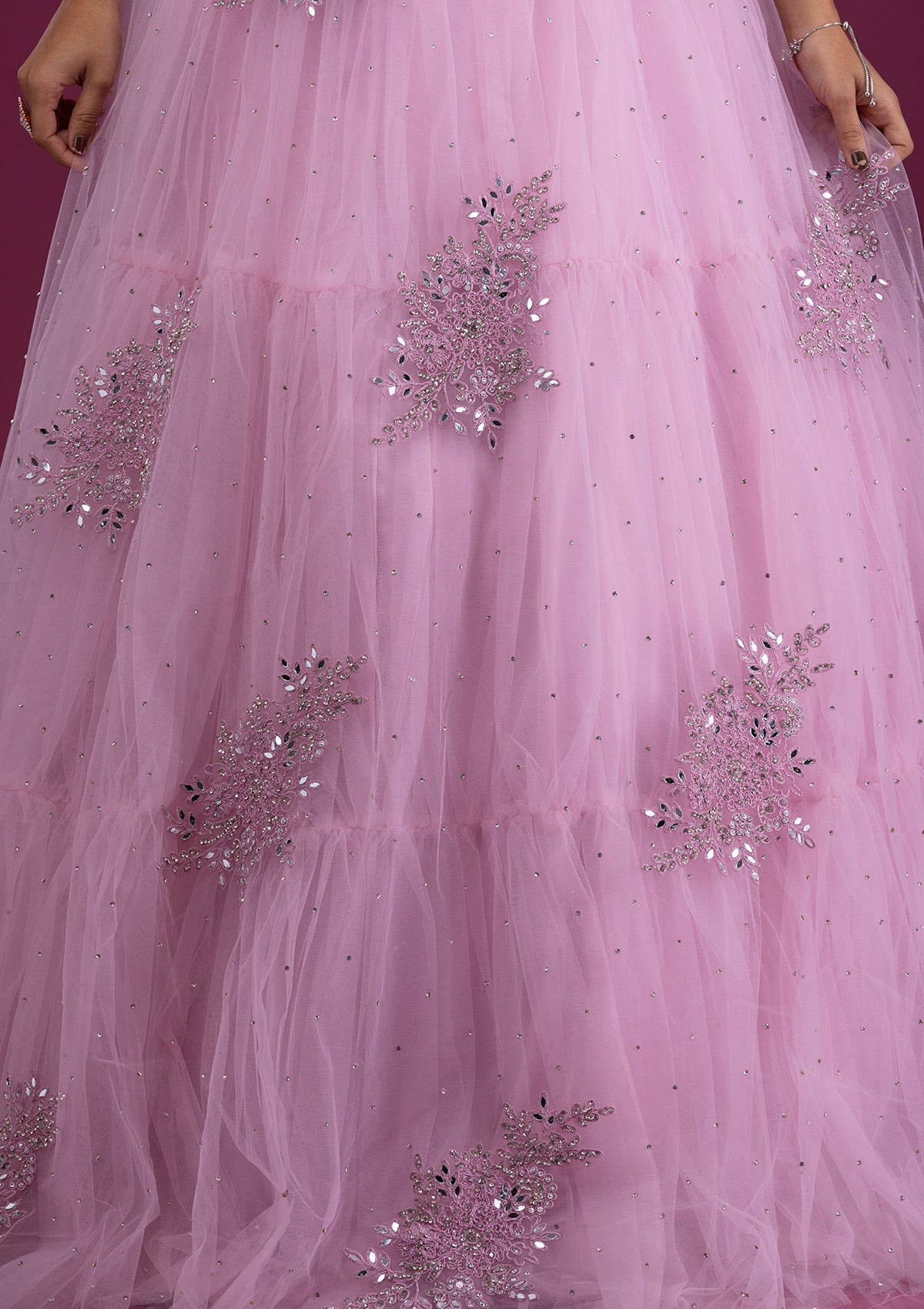 Onion Pink Mirrorwork Net Readymade Lehenga-Koskii