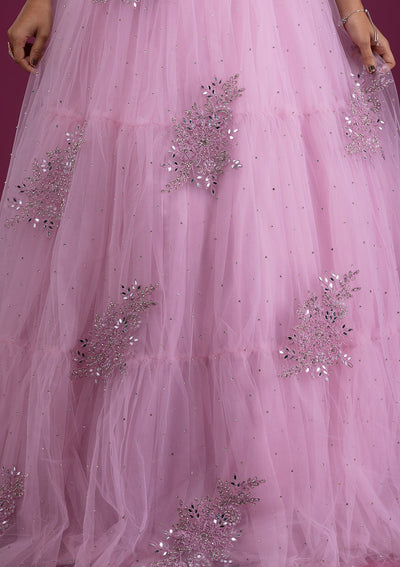 Onion Pink Mirrorwork Net Readymade Lehenga-Koskii
