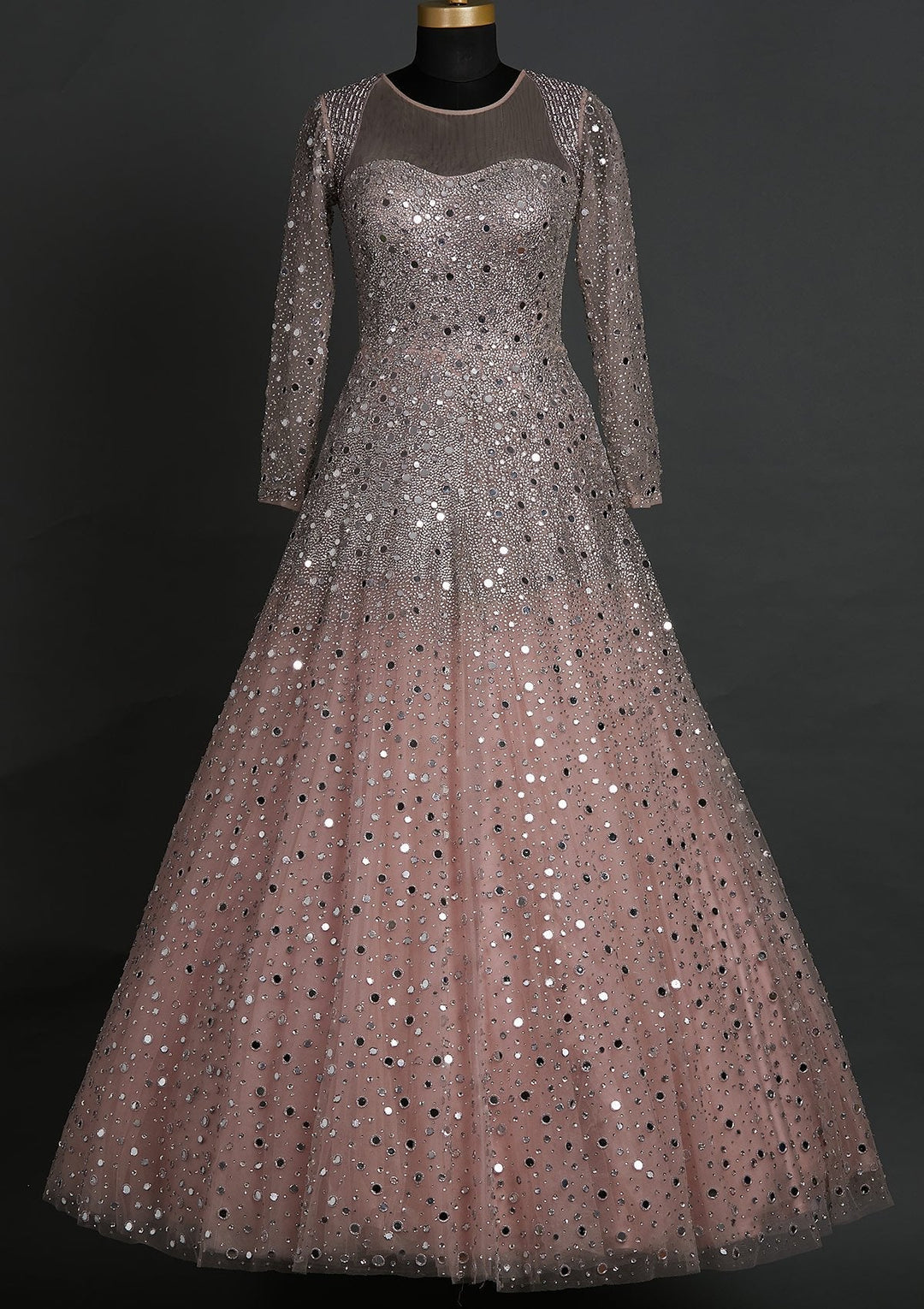 Onion Pink Mirrorwork Net Designer Gown - koskii